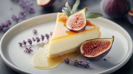 Slice of cheesecake with a glossy honey drizzle, adorned with fresh fig wedges and lavender sprigs, served on a ceramic plate for a gourmet touch.の素材