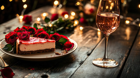 Romantic dessert pairing featuring a rose-flavored cheesecake and a glass of sparkling ros, styled with a bouquet of fresh red roses.の素材