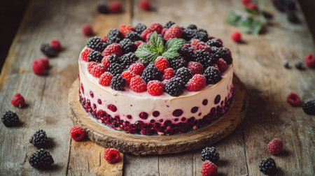 Rustic meringue cake topped with fresh blackberries and raspberries, placed on a wooden table with scattered berries around it.の素材