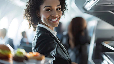 Smiling flight attendant in a sleek uniform pushing a meal cart, stopping to take a passenger's order with care and professionalism.の素材