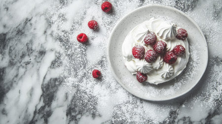 Rustic meringue cake topped with whipped cream and vibrant raspberries, styled with a dusting of powdered sugar on a marble plate.の素材