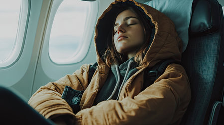 Tired woman in casual clothes napping on an airplane, with her hoodie pulled over her head and arms crossed for comfort.の素材