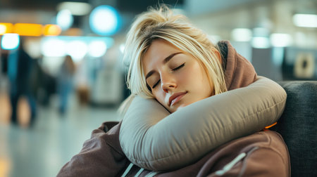 Tired blonde woman in sporty clothes using a neck pillow to nap while flying, with her hoodie pulled up for extra comfort.の素材