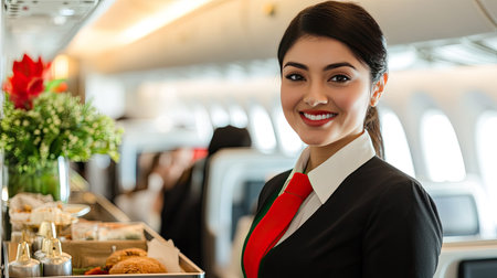 Smiling flight attendant standing by a food cart, ready to serve passengers in a brightly lit airplane cabin filled with cheerful travelers.の素材