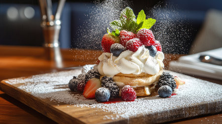Rustic meringue cake with whipped cream and a mix of fresh berries, placed on a wooden surface with powdered sugar dusted around.の素材