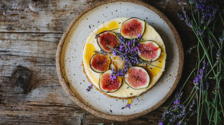 Rustic cheesecake with fresh figs, honey drizzle, and lavender flowers, served on a textured plate with natural wooden surroundings.の素材