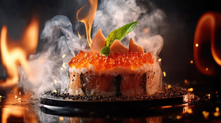 A gourmet restaurant presentation of mentaiko and ikura donburi, garnished with shiso leaves and fresh wasabiの素材