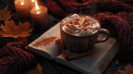 A cozy autumn setting featuring cinnamon-sprinkled hot cocoa, warm blankets, and a book, evoking comfort and relaxation.の素材