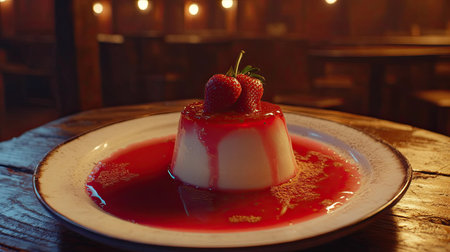 A creamy panna cotta layered with bright red strawberry jelly, garnished with fresh strawberries, served on a vintage wooden table.の素材