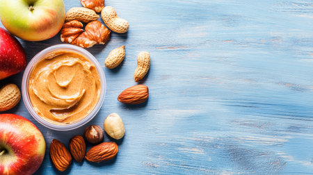 A close-up top-down shot of a fresh apple paired with peanut butter and a selection of nuts, styled on a pastel blue wooden background.の素材