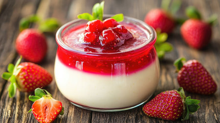 A freshly made panna cotta with a vibrant strawberry jelly topping, placed on a wooden table with fresh strawberries scattered around.の素材