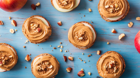 A fresh red apple with creamy peanut butter swirled on slices, sprinkled with crushed nuts, on a pastel blue wooden table.の素材
