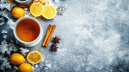 A cozy tea arrangement with a cup of herbal tea, a teapot, and lemon slices on a textured grey background, top view with empty space.の素材