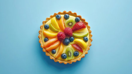 A colorful fruit tart with a flaky crust, smooth custard, and fresh fruit toppings, styled beautifully in a top-down composition.の素材