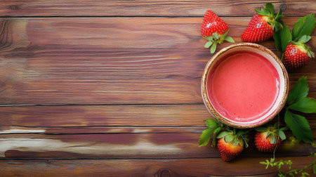 A homemade panna cotta with a strawberry jelly glaze, fresh strawberries on top, placed on a warm rustic wooden background.の素材