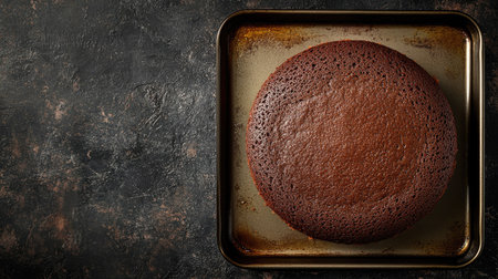 A freshly baked, warm round chocolate cake with a rich cocoa aroma, resting on a baking tray, captured from a bird's-eye view.の素材