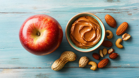 A fresh red apple, peanut butter in a bowl, and a handful of nuts, presented together on a light blue wooden background, top-down shot.の素材