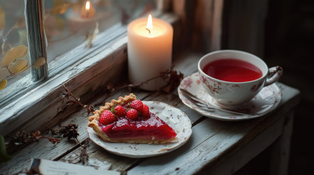 A cozy indoor tea moment with a slice of strawberry pie, a cup of spiced chai, and a lit candle on a wooden table.の素材