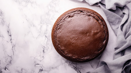 A delicious round chocolate cake with a deep brown color and slightly cracked top, styled on a marble countertop, overhead shot.の素材