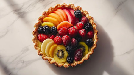 A freshly baked fruit tart with a variety of colorful fruits, placed on a light marble surface, top-down perspective.の素材