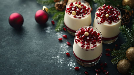 A festive panna cotta topped with pomegranate seeds and caramel, styled with elegant plating and space for text.の素材