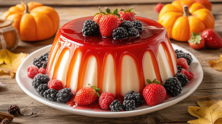 A delicious panna cotta with a vibrant red layer of strawberry jelly, served with fresh berries on a rustic wooden background.の素材