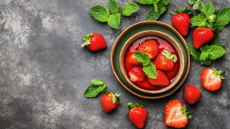 A creamy panna cotta with strawberry sauce and fresh mint leaves, beautifully presented in a top-view composition on a ceramic plate.の素材