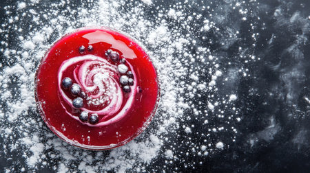 A delicate panna cotta with a swirl of blueberry coulis and a dusting of powdered sugar, served on a ceramic dish, top view.の素材