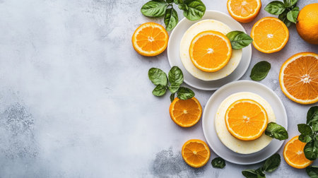 A fresh panna cotta with citrus zest and orange coulis, styled with modern elegance, leaving room for text on a clean surface.の素材