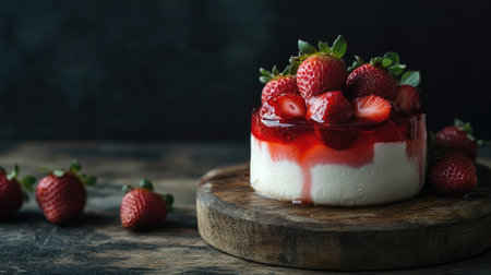 A light and refreshing panna cotta with a thick layer of strawberry jelly, topped with whole strawberries, rustic wooden background.の素材