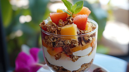 A glass jar of homemade granola with a bowl of mixed fruits and yogurt, creating a delicious and healthy breakfast setup.の素材