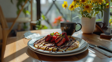 A fresh strawberry crepe drizzled with chocolate, served with a cup of hot herbal tea, placed on a white ceramic plate.の素材