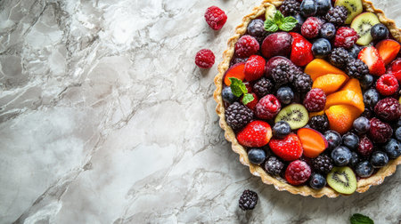 A freshly baked fruit tart with a variety of colorful fruits, placed on a light marble surface, top-down perspective.の素材
