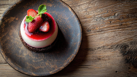 A homemade panna cotta with a strawberry jelly glaze, fresh strawberries on top, placed on a warm rustic wooden background.の素材