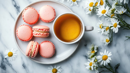 A plate of strawberry macarons paired with a cup of chamomile tea, styled with fresh flowers on a marble table.の素材