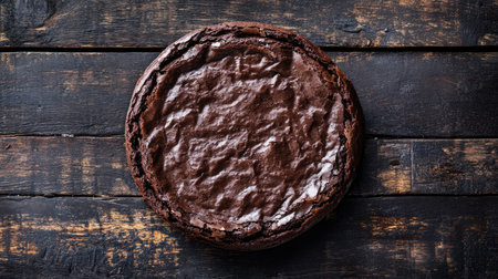 A perfectly round, moist chocolate brownie cake with a deep cocoa color, captured from a top-down perspective on a dark wooden background.の素材