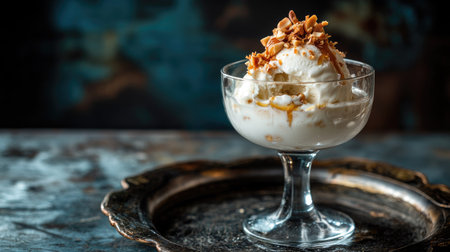 A modern take on coconut milk ice cream served in a glass cup, topped with roasted peanuts and drizzled with caramelized coconut syrupの素材