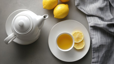 A relaxing tea time moment with a teapot, a tea cup, and sliced lemons, captured in a modern, minimalist top-down composition on grey.の素材