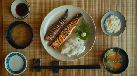 A top-down view of a traditional Japanese meal with mentaiko, grilled fish, rice, and miso soup, arranged on a tatami matの素材