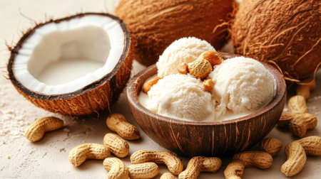 A soft-focus background with coconut milk ice cream in a ceramic bowl, garnished with roasted peanuts and sweetened milkの素材