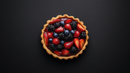 A perfect fruit tart with a flaky pastry base, smooth vanilla filling, and vibrant fruit toppings, displayed from above.の素材