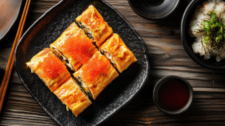 A serving of warm tamagoyaki with a spicy mentaiko filling, neatly sliced and arranged on a black ceramic plateの素材