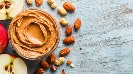 A smooth peanut butter spread over crisp apple slices, with whole and crushed nuts on a light blue wooden table, top-down shot.の素材