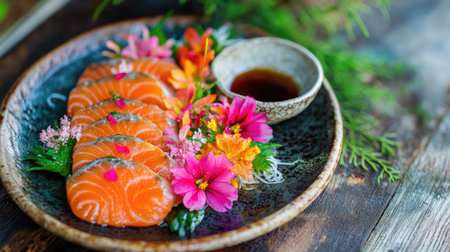A side dish of mentaiko pickled with sake and mirin, beautifully presented with edible flowers and a soy sauce dipの素材
