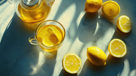 A relaxing tea time moment with a teapot, a tea cup, and sliced lemons, captured in a modern, minimalist top-down composition on grey.の素材