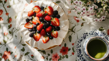 A tea party setting with a strawberry pavlova, fresh berries, and a pot of green tea, styled on a floral-patterned tablecloth.の素材
