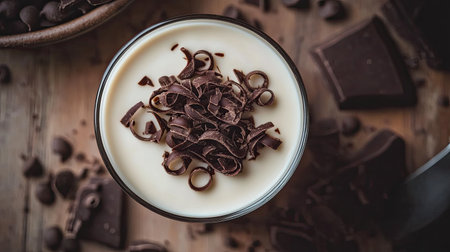 A simple yet elegant panna cotta with a layer of coffee-flavored syrup, garnished with chocolate curls, photographed from above.の素材