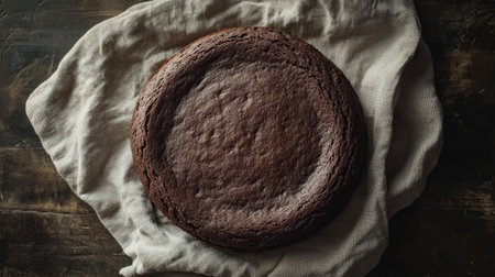 A round, freshly baked chocolate cake with a rich texture and deep cocoa color, placed on a linen napkin, top-down composition.の素材