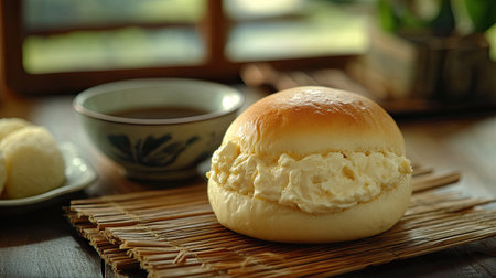 A soft bread roll stuffed with creamy mentaiko spread, placed on a wooden table with a small cup of coffeeの素材
