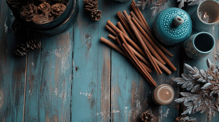 A top-down view of cinnamon sticks arranged in a decorative pattern on a rustic wooden table, highlighting their texture and color.の素材